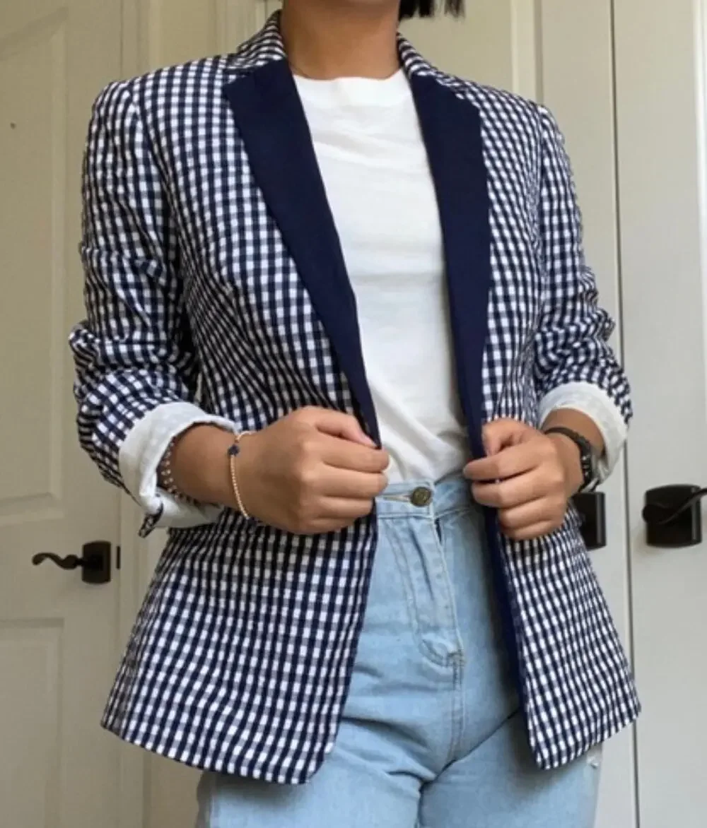 J.Crew Blazer Size 4 NWT Navy White Gingham Check Cotton Contrast Lapel Jacket